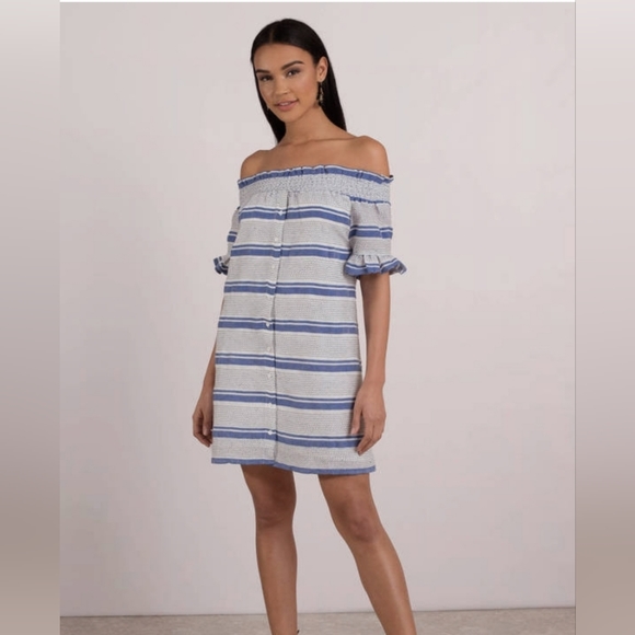 Lost + Wander Bora Bora Dress Button Front Blue Stripe Ruffle Sleeve Large - Picture 1 of 11